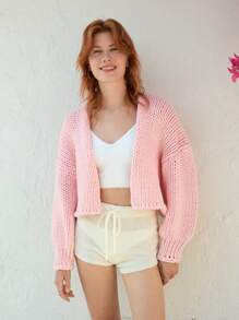 Skyraze Women's Handmade Crochet Drop Shoulder Long Sleeve Loose Cardigan, Pink - Pink - View 4