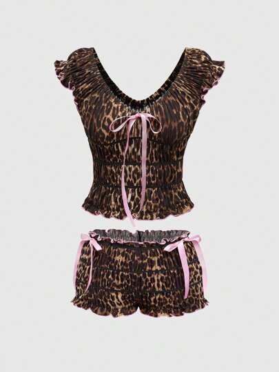 Kawaii Y2K Babe Shirred Top, Shirred Leopard Print & Bowknot Low Waist Shorts, Retro 2 Pieces Set For Women
