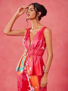 Eva Novielli Designer Boho Bohemian Satin All-Over Printed Colorful Elastic Waist Deep V Summer Top Vacation, Festival, Ibiza Fits - Multicolor - View 4