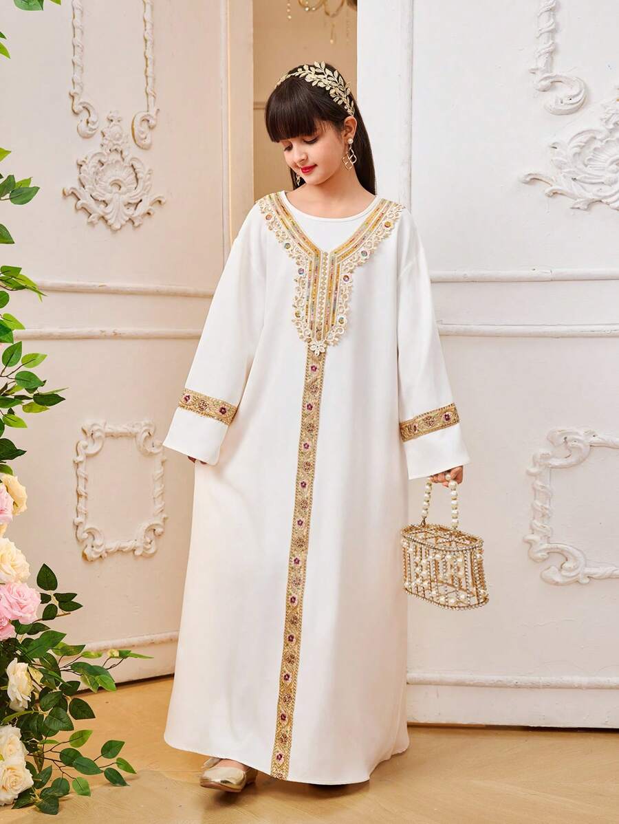 青少年女孩斋月长袍连衣裙，带金色蕾丝边，传统斋月节日服装，经典朴素设计