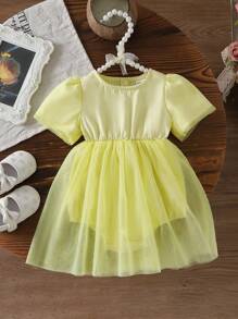 Baby Girl Yellow Simple Bodysuit With Bubble Mesh Sleeves And Mesh Hem Decor, Essential Daily Outfit For Summer - Yellow - View 2