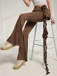 Mulvari 女款纯色 3D 花朵装饰休闲紧身裤 - 卡其色 - 查看 4