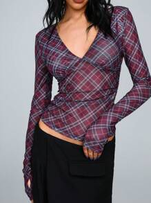 TRNVIE Plaid V-Neck Thumb Hole Tight Fit Top Fall Cloth For Women