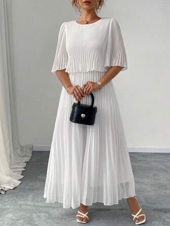 Elenzga 大码纯色优雅淑女雪纺褶皱连衣裙，春夏