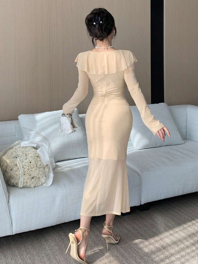 Mesh Dress Solid Ruffle Slit Women's Midi Dress Prom Dress,Fall Dress Long Sleeve Dress Elegant Women Dresses