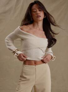 MUSERA Knit Bardot Off Shoulder Wrap Around Fitted Bell Sleeve Jumper Elegant Valentine Day For Spring Evening Party Elegant - Beige - View 1