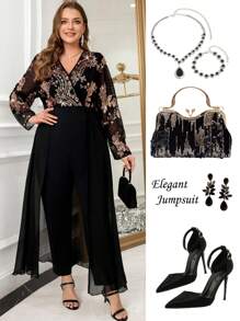 SHEIN Clasi Plus Size Women's Sequin Black Elegant Jumpsuit, Spring/Summer ,Vacation Outfits Woman,Going Out Outfits,Valentine's Day,Rompers For Women,Jumpsuit Women Elegant