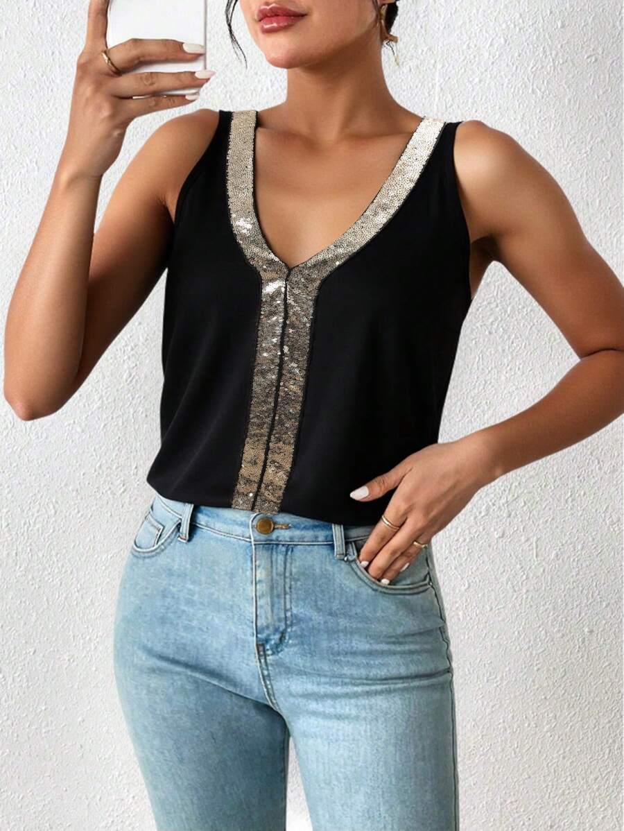 Women's Solid Color Patchwork V-Neck Sleeveless Simple Casual Blouse - Black - View 1