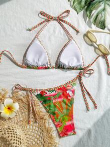 Swim Vcay Conjunto de bikini de 2 piezas con estampado aleatorio de plantas tropicales, con tiras en el cuello y la espalda, para verano y vacaciones en la playa