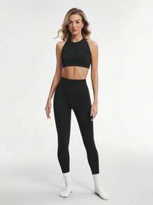 Lifespree 女士纯色简约修身无缝弹力运动服瑜伽套装 - 黑色 - 查看 5