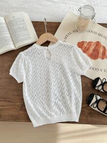 Blossori Young Girls Polka Dot & Striped White Knit Loose Fit Crew Neck Sweater Vest, Autumn/Winter