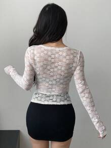 DAZY Camicetta da donna con scollo a V in pizzo, top aderente a canottiera