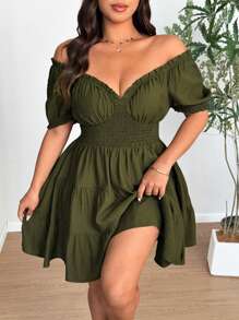 Vionelle Plus Size V-Neck Chiffon Puff Sleeve Ruched Dress - Army Green - View 1