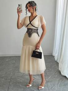 DAZY Women's Lace Patchwork Ruffle Trim Fitted Party Dress With Cap Sleeves Prom Dress,Formal Women Dresses