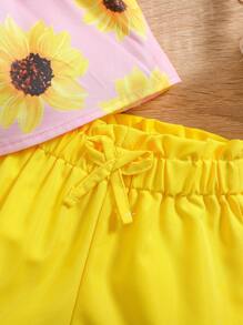 SHEIN 2 件装女婴时尚活泼向日葵印花粉色吊带背心搭配黄色短裤套装，适合夏季日常穿着 - 黃色 - 查看 3