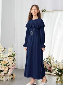 SHEIN Teen Girls' Woven Solid Color Long Sleeve Ruffle Trim Casual Dress - Navy Blue - View 3