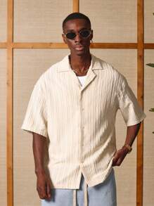 SUMWON Camicia a maniche corte con texture premium, casual con bottoni per resort, spiaggia, estate, adatta per il lavoro e il tempo libero, con collo alla coreana, perfetta per vacanze ed ufficio - Cachi - Visualizzare 3