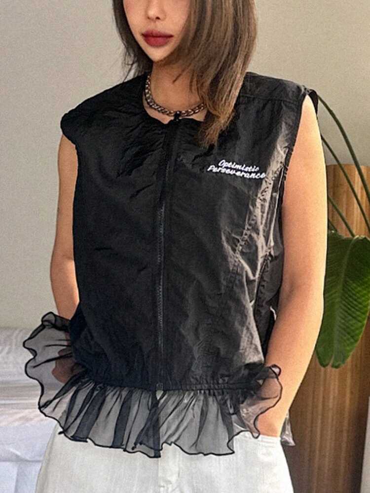 Women's Letter Embroidered Sleeveless Open Front Lace Patchwork Jacket Vest