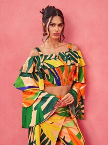 BELANGE HANDMADE Designer Boho Bohemian Position Floral Print Ruffle Tiered Sleeves Off Shoulder Shirred Cute Summer Top, Festival, Tropical,Beach For Women, Concert Elegant Vacation Business Casual Western Wear