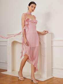 Aveloria Rosie Elegant Vacation Sexy Spaghetti Strap Ruffled Flare Design Waist Accentuating Chiffon Transparent Asymmetrical Hem Dress In Pink   Old Money Style For Summer