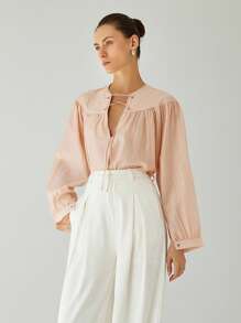 Aveloria Modichic Elegant Chiffon Textured Sheer Sexy Drawstring V-Neck Loose Long Sleeve Shirt For Women, Pink