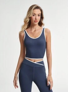 Activina Women Contrast Color Trimmed Sleeveless Top And Flare Pants Sports Suitwomen Workout Set - Blue - View 3
