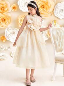 SHEIN Tween-Mädchen Elegantes Organza-Kleid mit Blumenmuster, Stehkragen und doppellagigem Saum aus Jacquard - Aprikosenfarben - Übersicht 8