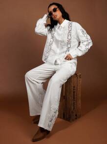 COSMINA Women's Elegant  Bohemian White Lace Splice Palazzo Pants, Spring/Summer Resort - White - View 6