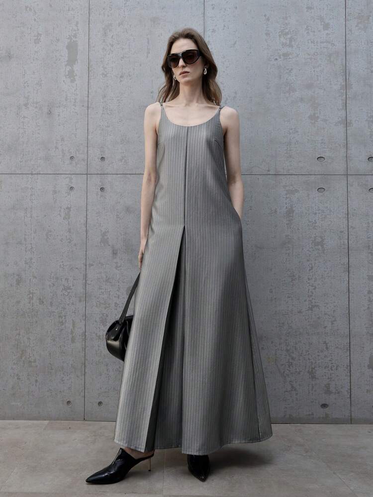 2025 New Women's Dress, Urban Striped Fabric Sleeveless A-Line Minimalist Casual Dress, Spring Wear