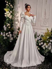 Glamrae Elegante romantische witte hartkraag gerimpelde bisschopsmouw V-hals taille split gerimpelde extra grote rok prachtige trouwjurk voor huwelijksceremonie