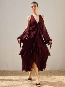GENKIRA Vestido de gasa con cuello en V profundo sin tirantes, con volantes rojos, de manga larga, estilo italiano romántico para damas, adecuado para el Día de los Enamorados - Rojo - Ver 3