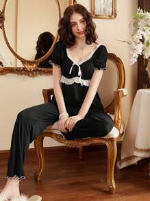 Côtesoire Elegant Lace Patchwork Bowknot Lady Pajama Set Holiday Season, Vacation