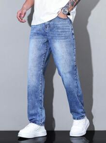 Manfinity Homme Jeans casuales de corte recto con bolsillo y ajuste holgado minimalista para hombres