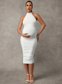 MaterniChic Maternity Solid V-Neck Sleeveless Slim Fit Long Dress