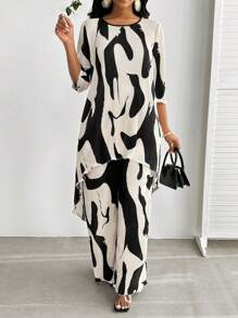 SHEIN Lady Spring Summer Casual Vacation Holiday Everyday Elegant Black And White Pattern Pleated Fabrics Vacation Outfits Woman Women Two-Piece Outfits Women Two Piece Set