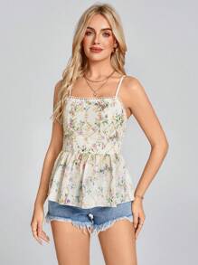 Wildy Floral Print Smocked Peplum Summer Top For Women, Cute And Stylish Camisole,Summer Tops - Multicolor - View 2