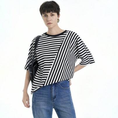 여성용 봄/여름 캐주얼 스트라이프 니트 라운드 넥 반팔 루즈핏 티셔츠, 외출, 데이트, 음악 축제, 휴가, 이드, 결혼식에 적합