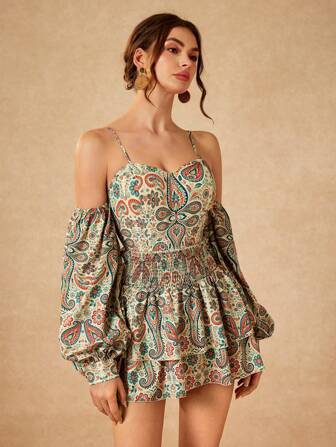 Dé Johnea Bianca Designer Boho Bohemian Multicolor Vintage Print Puff Sleeve Long Sleeve Ruffled Layered Mini Dress, For Festival, Concert Outfit Boho Women's Rave, Prom Dress