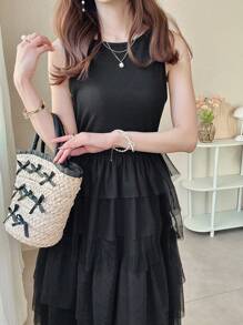 FRIFUL Vestido negro largo y entallado de malla con silueta A, vestido de fiesta, vestido de invitada para bodas, conjunto formal de vacaciones para mujer, vestido de verano elegante
