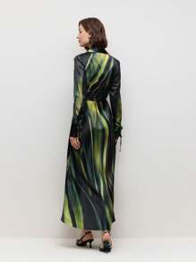 BizChic Green Gradient Stripe Print Long Sleeve Commuter Dress For Women, Spring And Summer