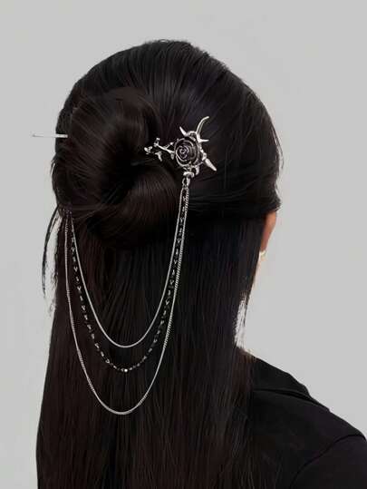 Goth 1pc Punk Thorns Rose Flower Tasseled Beaded Chain Hair Accessory & Hair Clip For Women Hair Bun Hair Pin Hair Bun Maker Bun Hair Piece Hair Styling Pins