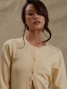 MUSERA Crew Neck Button Down Ribbed Cuff Long Sleeve Fitted Cardigan Spring Cute Y2k For Spring Casual Cute 90's Sun Butter Yellow Butter Wouldn't Melt Holiday Airport  Chic - Yellow - View 5