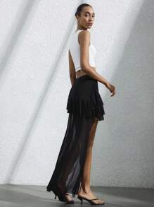 SHEIN Privé Váy voan nhún bèo cao thấp phong cách lãng mạn Ý dành cho nữ mềm mại và gợi cảm - màu đen - Xem 2