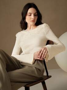 Anewsta Women's Casual 3D Floral Embroidery T-Shirt, Autumn/Winter - Apricot - View 4