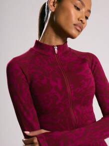Musera Sport Cropped Zip Up Mock Neck Animal Print Contour Jacket, Padel, Tennis, Pickleball Gym Fitness - Burgundy - View 5