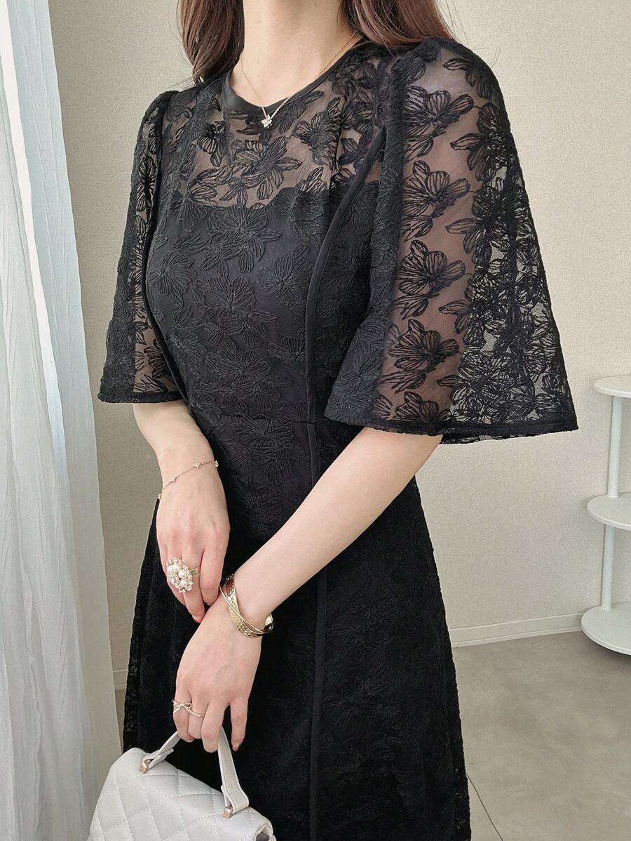 FRIFUL 女士黑色修身长款蕾丝连衣裙，优雅夏季款式，时尚连衣裙 - 黑色 - 查看 1