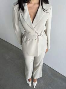 Aloruh Women's Elegant Business Commuting Suit Spring Suit Simple Formal Occasion Basic Two-Piece Suit Solid Color Long-Sleeved Suit Khaki 2pcs Light Apricot Suit Jacket + Pants Workwear Set,Suitable For Spring And Summer
