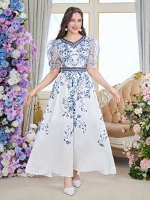 Midi-Kleid mit Blume Muster, V-Ausschnitt und Puffärmeln, tailliertes Kleid für Teenager-Mädchen, für Frühling/Sommer