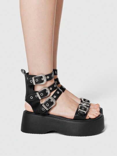 Grunge Punk European & American Black Gothic Peep Toe Strappy Flat Sandals, Women Punk Wedge & Platform Shoes Spring Shoes Spring Break Easter