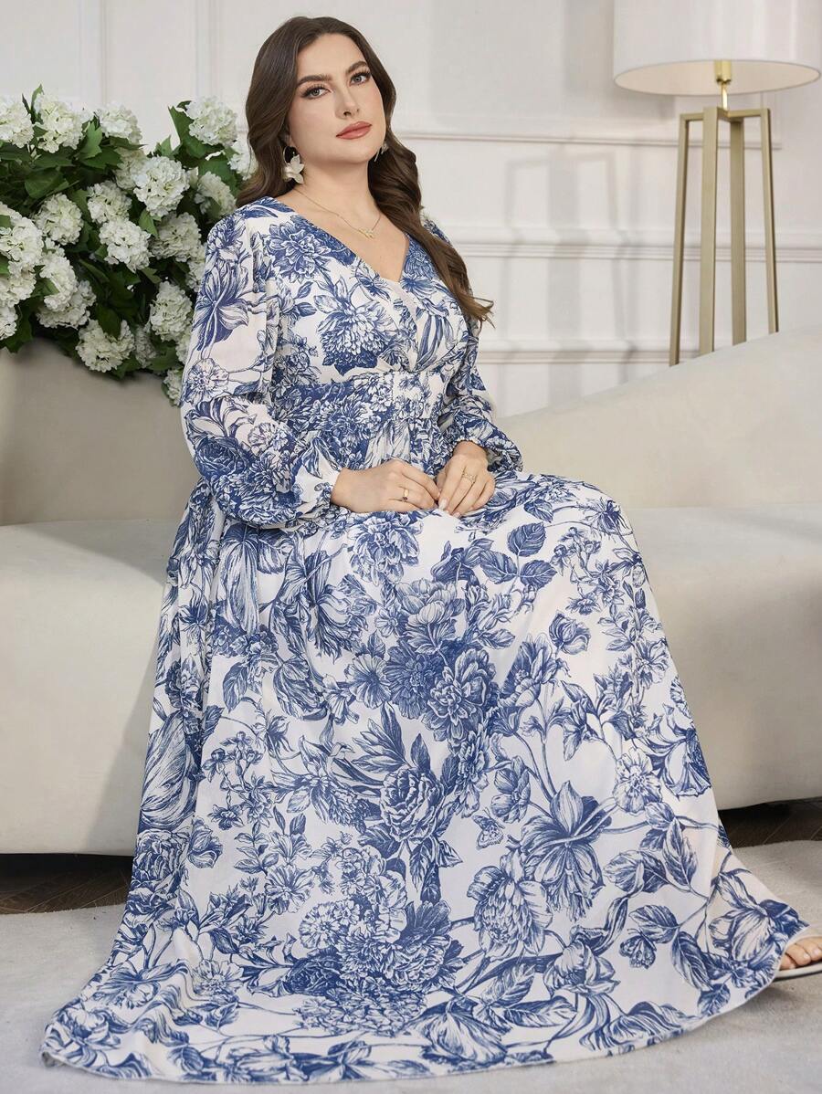 Modelyn Romantic Floral Print V-Neck Long Sleeve A-Line Dress, Regular Fit, Spring & Summer Fall Cloth For Women - Multicolor - View 1